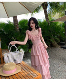 MQTIME  -  New French Sweet Pink Ruffles Beach Holiday Sleeveless Dress Women O-neck Slim Print Midi Tank Cake Long Dress Vestidos