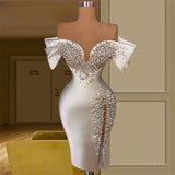 MQTIME  -  Luxury Cocktail Dresses Sheath Spaghetti Off The Shoulder Knee Length Pearls Homecoming Dresses Haute Couture Customized