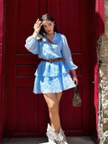 MQTIME  -  Cotton Ruffles Mini Dress Women Long Sleeve V-neck Elegant High Waist A-line Dresses Female 2025 Summer Button Up Street Robe