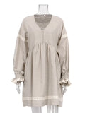 MQTIME  -   Autumn Winter Women Linen Mini Dress Solid Khaki Long Sleeve V-neck Flare Dress For Women