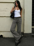  MQTIME  -  American Streetwear Low Waist Pockets Vintage Patchwork Casual Long Jeans