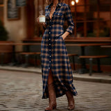 MQTIME  -  Plaid Print Shirt Women Dress Long Sleeve Button Side Pocket Casual Holiday Dress Daily Commute Streetwear Loose Maxi Dress