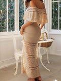 MQTIME  -  Elegant Hollow Out Dress Women's Summer Dress Short Sleeve Off Shoulder Knit Pattern  Tie Up Summer Dress