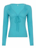  MQTIME  -  Folds Patchwork Solid V Neck Long Sleeve Temperament All Match Lace-up Women's T-shirts