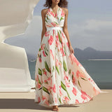 MQTIME  -  Elegant Backless High Waist Evening Party Dress Sexy V-neck Women Sleeveless Printed Dresses New Summer Slim Pleat Banquet Dress