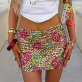 MQTIME  -  Sexy Geometric Print Glitters Mini Skirts Midnight Party Multi-color Skirts Women 2025 Summer New Sequins Wrap Hips Short Skirts