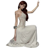 MQTIME  -  Women Strap Dress Spring Backless Waist Tied Maxi Dress Women's Lace Paneled Summer Elegant Slim Fit Slip Dress