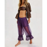 MQTIME  -  Women Ruffle Long Bloomers Y2K Sheer Ruffle Lace Patchwork Drawstring Pettipants Cropped Flare Slips Pants Streetwear