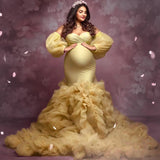 MQTIME  -   Luxury Mermaid Evening Dresses for Photoshoot Off Shoulder Ruffles Pregnant Women Robes Sexy Long Sleeves Maternity Gowns