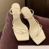 MQTIME  -  High heeled sandals French style slim strap with square toe design, high-heeled cool slippers