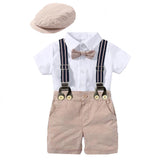 MQTIME  -  Boys Gentleman Clothes Outfit Suit Set Baby Tie Bow Hat + Sailboat Printed Romper + Shorts Suspender Infant Kid Clothing