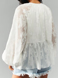 MQTIME  -  Elegant Women s Embroidered Blouse with Floral Detailing Stylish Casual Tie-Front Top with Loose Fit and Long Sleeves