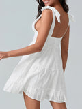 MQTIME  -  Women Summer White Dress Bow Lacing Strap V-Neck Hollow Eyelet Ruffle Hem A-Line Short Cami Dresses