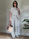 MQTIME  -  Loose Striped Set 2 Piece Woman Loose Round Neck Short Batwing Sleeve Pullover High Waist Long Trousers Casual Lady Suit Summer