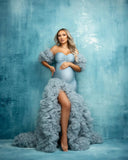 MQTIME  -  Dusty Blue Mermaid Maternity Dress Photoshoot Detachable Sleeves Puffy Tulle Maternity Dresses Elegance Pregnancy Shoot Dress