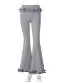 MQTIME  - Women Ruffles Slim Flare Pants Elastic Waist Fashion All Match Boot Cut Trousers Summer Casual Streetwear Bottoms