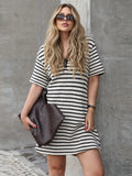 MQTIME  -  Loose Women Knitted Stripe Contrast Dress Polo Neck Casual Commuter Female Short Pullover Knit Dress Elegant Office Vestidos