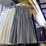 MQTIME  -  Elastic high waisted red and white checkered skirt with irregular splicing, large swing A-line skirt, medium length skirt