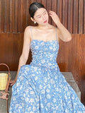 MQTIME  -  Blue Printed Camisole Dress For Women'S Summer Retro Floral One Shoulder Pleated Open Back Slim Fit Long Skirt