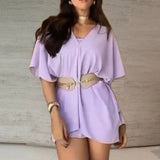 MQTIME  -  Sexy Off Shoulder Slash Collar Loose Suit Elegant High Waisted Shorts Outfit Fashion Design Style Women Commute Clothing 3 Piece
