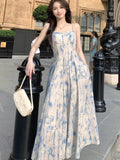 MQTIME  -  Elegant Princess Fairy Strap Print Dress for Women Summer Vintage Pearl Beading Sweet Midi Dresses Female Beach Evening Clothes