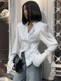 MQTIME  -  Fall Outfits 2024 White Ruffled Vintage Shirts For Women Patchwork V-Neck Long Sleeve Autumn 2024 Elegant Streetwear Female Cardigan Blouses