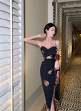 MQTIME  -  Elegant Vintage Print Floral Split Dress Summer Sleeveless Spaghetti Strap Backless Long Dress Evening Party Birthday Dresses