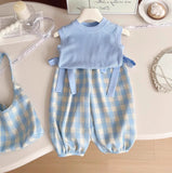 MQTIME  -  3Piece Summer Baby Girl Clothes Korean Fashion Sleeveless Tops+Plaid Pants+Bag Boutique Kids Clothing Children's Sets BC1515