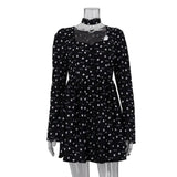 MQTIME  -  Sexy Slim Print Women Dress Fashion Square Collar Long Sleeve Mini Dress Elegant High Waist Pleated Skirt 2024 Lady Robes