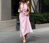  MQTIME  -  Summer New Style Pink Ruffled Lace Up Slim Fit Sleeveless Long Dress