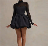 MQTIME  -  Women Puffy Pleated Empire Female Mini Dress 2025 Evening Sexy Party Lady Vestidos Elegant Lace See Through Patchwork Dresses