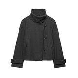 MQTIME  -  Women Stand Collar Short Coat Solid Asymmetrical Button Long Sleeve Cropped Jacket Minimalist Autumn Winter Chic Streetwear