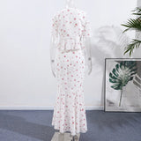  MQTIME  -  Chiffon Printed Ruffle Skirts Sets Women V-neck Short Puff Sleeve Button Cropped Shirt Slim Mermaid Skirt Summer Party Suit