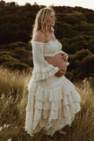 MQTIME  -  Maternity Photoshoot Dress Shed Gypsy Set Women's Boho Western Two-Pieces Cream Layered Ruffle Maxi Skirt For Pregnancy Session