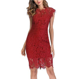 MQTIME  -  Lace Dress Ruffled Neck Slim Fit Party Dress Short Sleeve Hollow Out Elegant Wine Red Vestidos Femme Evening Robes