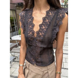 MQTIME  -  Women Floral Lace Trim Sheer Mesh Patchwork Tops Y2K See Thru Sleeveless V-Neck Slim Fit Shirts Summer Going Out Vest