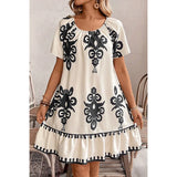 MQTIME  -  Vintage Style Summer Dress Round Neck Short-sleeved Block Color Short Dress Loose Fit Retro Women Printing Dress