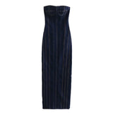 MQTIME  -  2024 Spring New Product Women's Style One line Neck Spliced Stripe Split Slim fit denim midi Dress