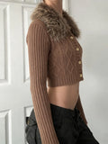 MQTIME  -  Vintage Winter Patchwork Turn Down Collar Long Sleeve Single Breasted Knitted Cardigan