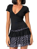 MQTIME  -  Women Dot Print Summer Dress Slim Deep V Neck Short Sleeve A-line Mini Layered Ruffle Dresses