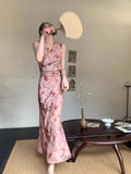 MQTIME  -  Retro Oil Painting And Rose Dress For Women'S Summer Design, Unique V-Neck, High Waisted, Slim Fit Long Skirt