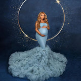 MQTIME  -  Dusty Blue Mermaid Maternity Dresses for Photo Shoot Ruffles Tulle Pregnancy Baby Shower Dress Prom Party Gowns Customized