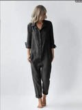 MQTIME  -  Fashion Cotton Linen Long Sleeve Pocket Jumpsuit Women'S Autumn Casual Loose Solid Color Shirt Jumpsuit Female Military Rompers