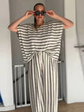 MQTIME  -  Loose Striped Set 2 Piece Woman Loose Round Neck Short Batwing Sleeve Pullover High Waist Long Trousers Casual Lady Suit Summer