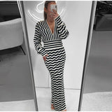 MQTIME  -  Women Fashion V Neck Dress High Waist Long Sleeve Wavy Striped  Sexy Slim Bodycon Dresses Commuting Casual Banquet gowns