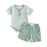 MQTIME  -  Infant Boys 2-Piece Summer Set with Short-Sleeve Striped Romper and Shorts - Adorable Newborn Clothing for Warm Weather