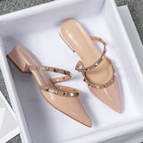 MQTIME  -  Women Heels Shoes Free Shipping Promotion Studded Designer Luxury Leather Slippers Shiny Mixed Colors Strap Seam Slides Blue Red