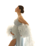  MQTIME  -  Fantastic Baby Blue Maternity Photoshoot Dresses with Rose Cape Two Pieces Pregnancy Dress Ruffle Tulle Cape Slip Dress Custom
