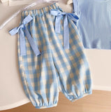 MQTIME  -  3Piece Summer Baby Girl Clothes Korean Fashion Sleeveless Tops+Plaid Pants+Bag Boutique Kids Clothing Children's Sets BC1515