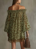 MQTIME  -  Elegant Gemstone Green Dresses Women Polka Dot Party Club Mini Dresses Shoulder Off Slash Neck Puff Sleeve Loose Evening Outfits